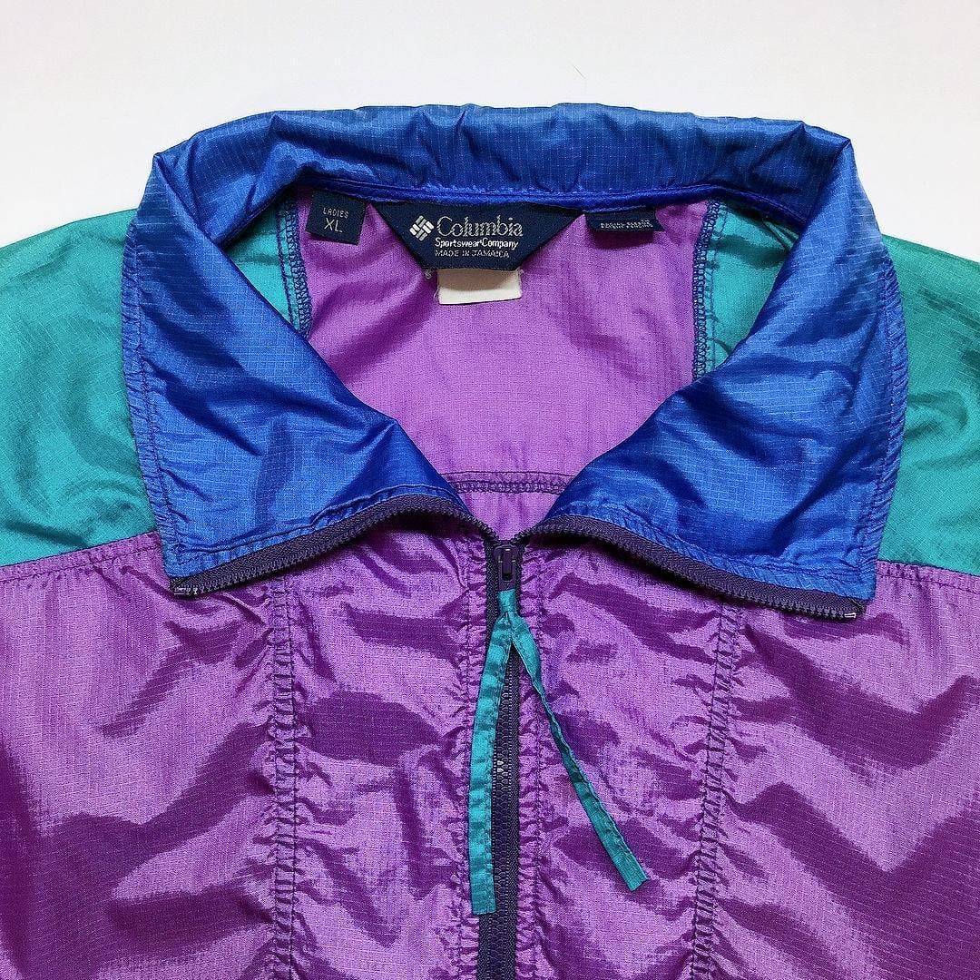 80s コロンビア ハーフジップナイロンジャケット L パープル 紫 緑 | fuufu