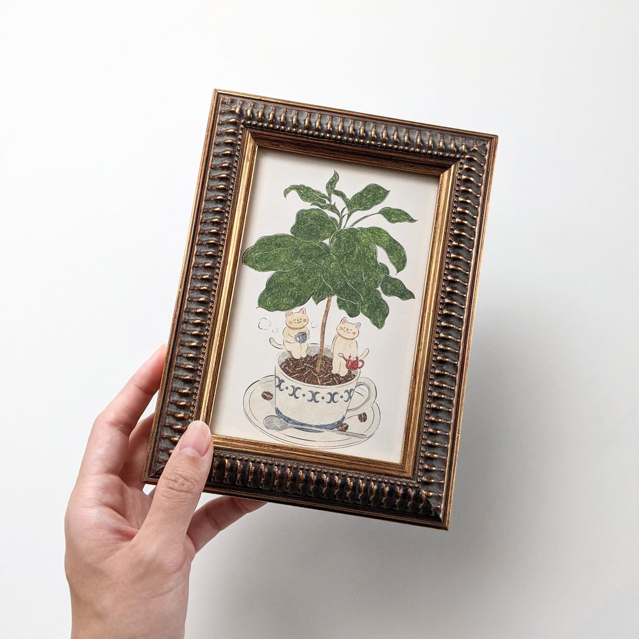 Vtg R Hendrickson 裸婦 ヌード プリント 木製額装 アート ポストカードサイズ 猫とコーヒーの木 アートプリント/イラスト複製画