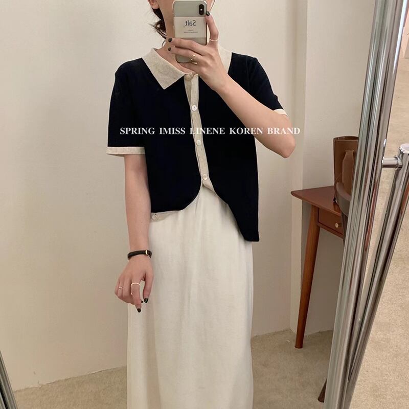 ニットカラーシャツ サマー薄手半袖スリーブカーディガントップス ショート ハーフスリーブ 夏物 ビッグFスモールZ韓国91741765194