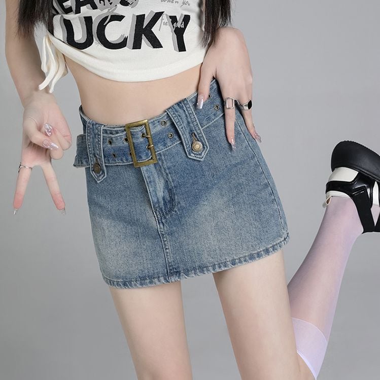 全2色 ベルト付 デニムスカート インナーパンツ ミニ丈 ミニ 全2色 ベルト付 デニムスカート インナーパンツ ミニ丈 ミニ