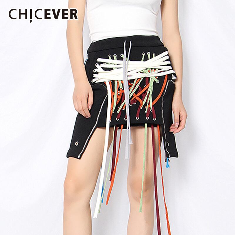 CHICEVERヒットカラースカート女性ウエスト非対称裾ジッパーパッチワーク包帯レースアップラインスカート2021服 Aライン 6base592656524497
