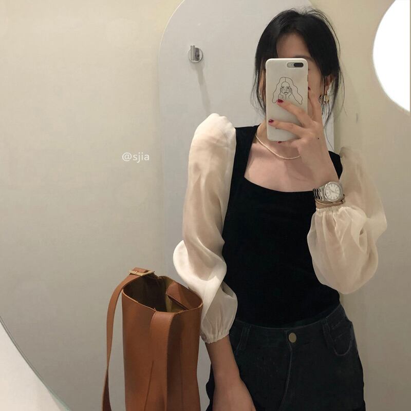 シャツ スプリングトップス ロング レトロ 春物 スクウェア ブラックストロベリース32977340057