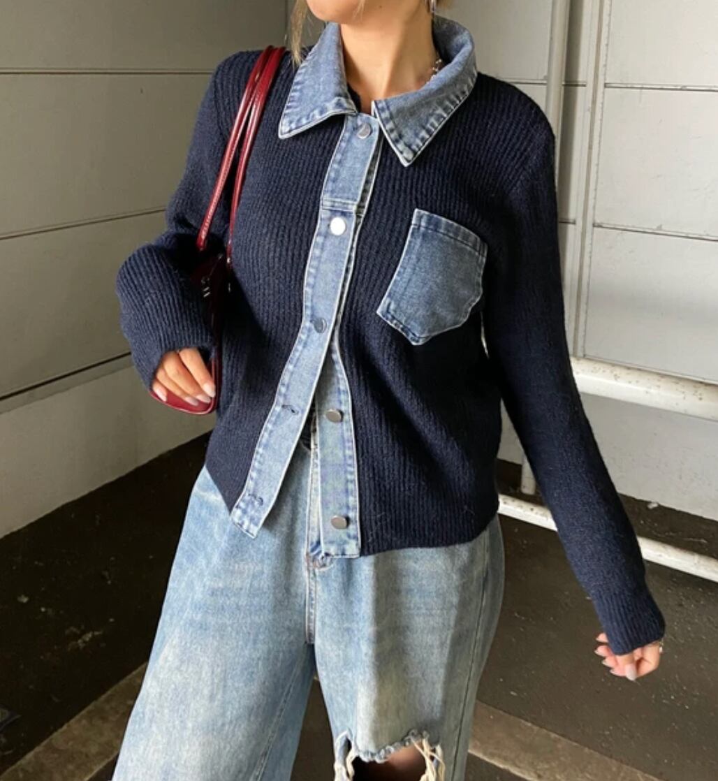 ナンバーミーTOKYO"DENIM POKET DOCKING CARDIGAN"NAVY