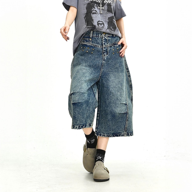 スタッズアクセントバギークロップドデニムパンツ 1col R02026