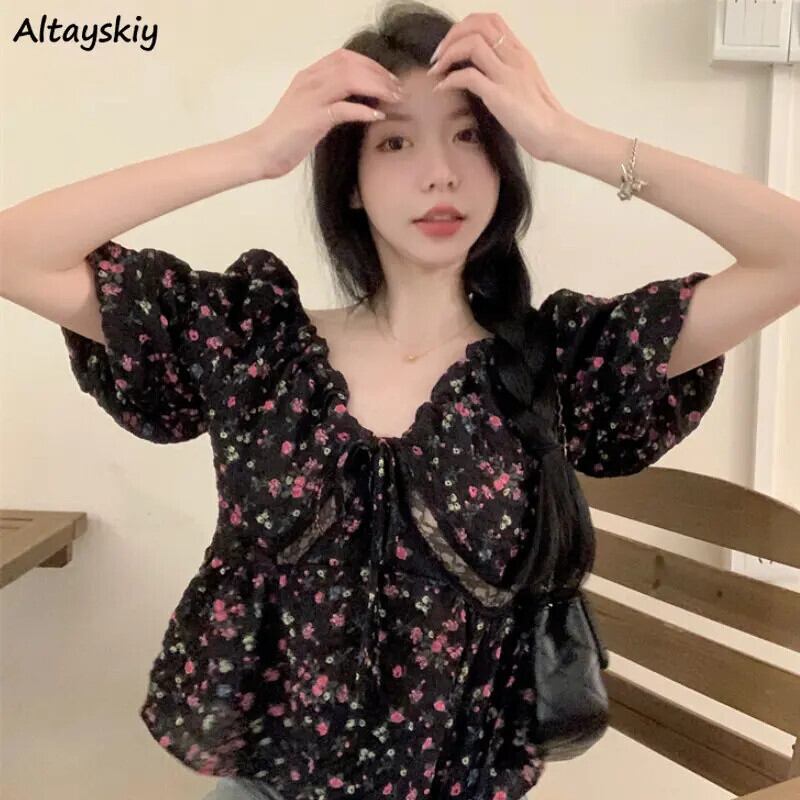 【新作】【送料無料】 花ブラウス女性 Hotsweet 草原シックなルーズファッションヴィンテージ気質夏パフスリーブ包帯デザイン韓国スタイル薄い 0380389259893