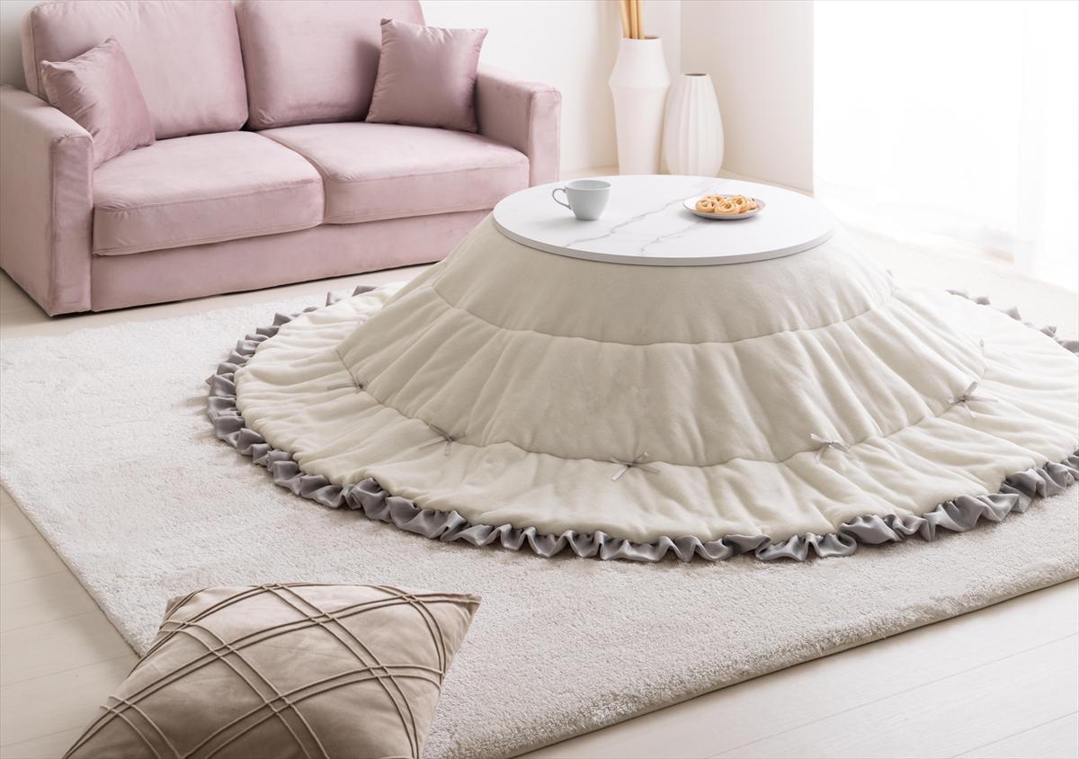 【円形:197cm】リボン&フリル付きリバーシブルファーこたつ布団