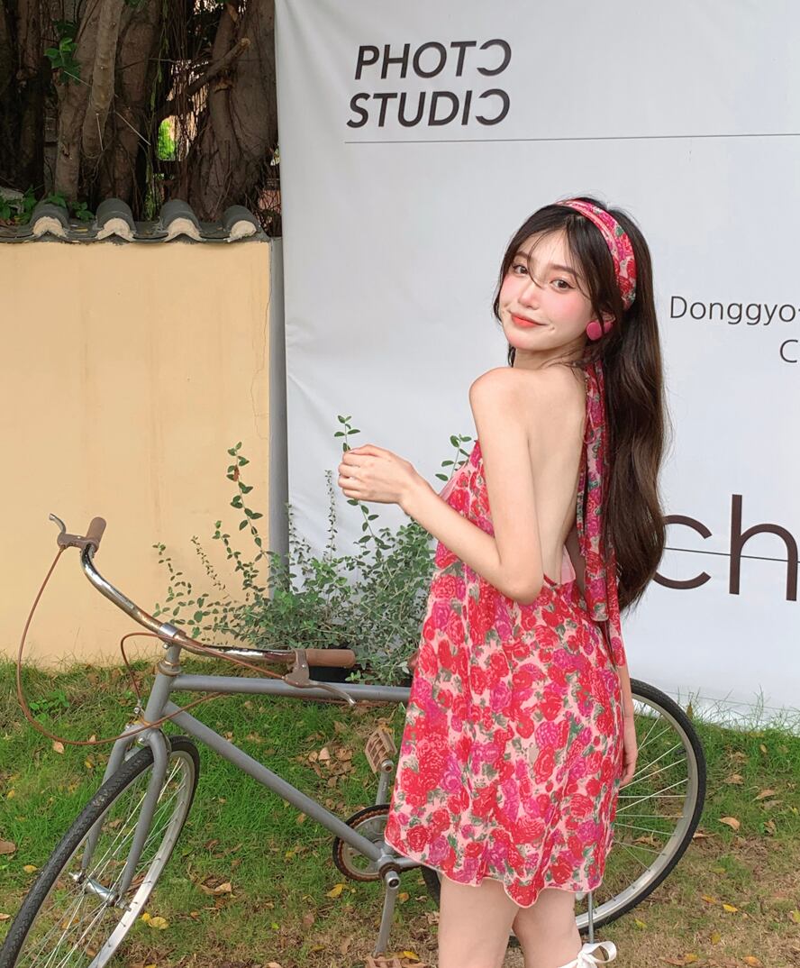 スカート ホルターフローラルドレス サマーショート 夏物 花柄 ブラックストロベリース3936430914