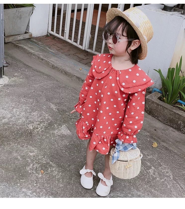 送料無料 2色 レッド系 女の子 ドット 水玉 襟付き ワンピース フリル ドレス キッズ 子供 ベビー 長袖 春 夏 La Preference