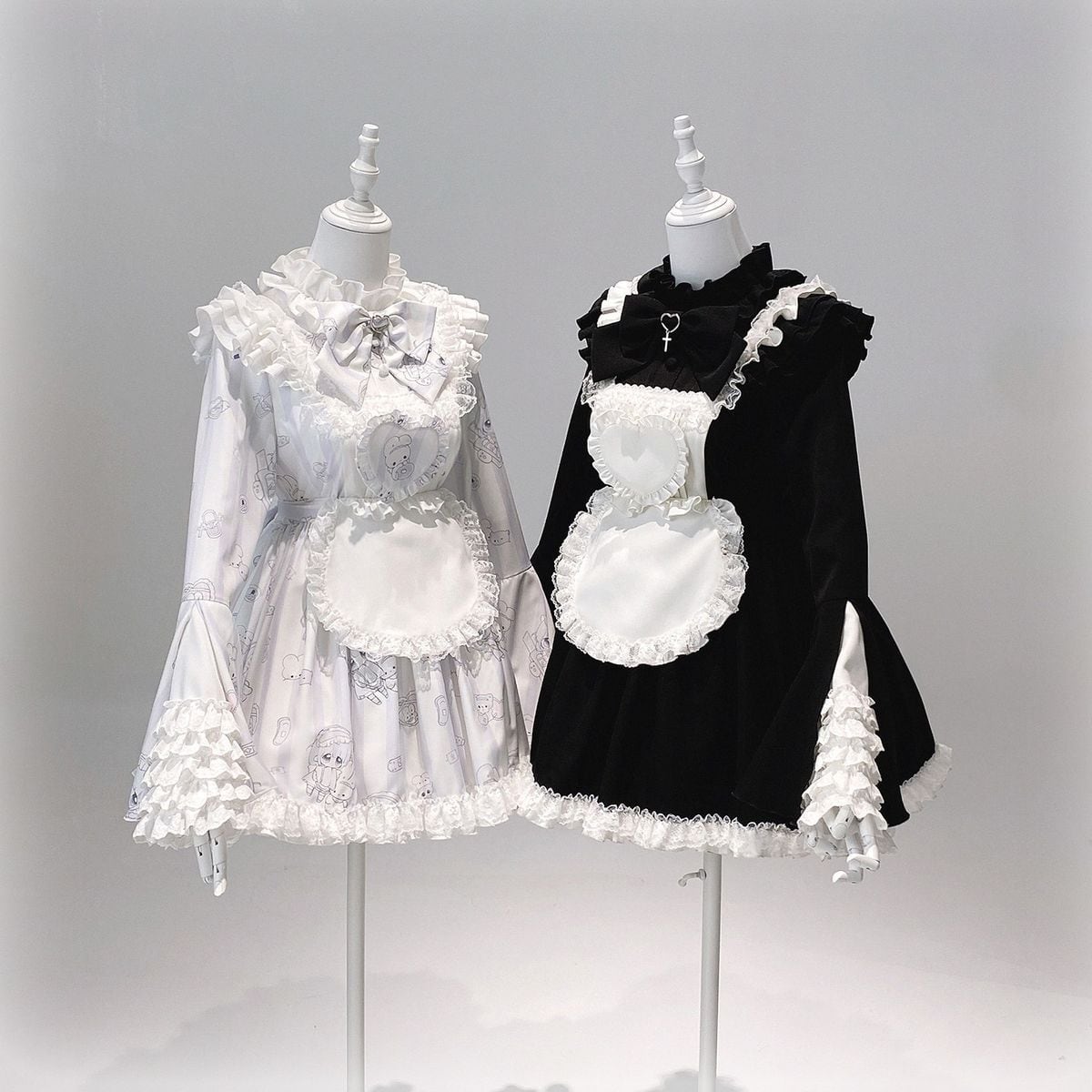 ハートエプロン　黒×オフ白 ハートエプロン姫袖メイドセットアップ | Maiden's Rêve
