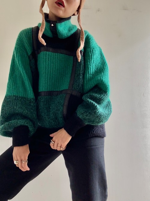 80s Vintage Leather Piping Knit Top