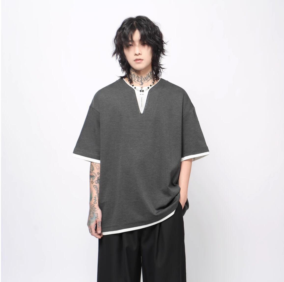 Two piece Henley Neck Zipper T-shirt 0003