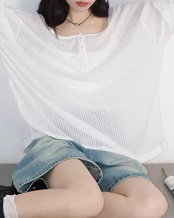 Sheer henry-neck loose T-shirt L0088