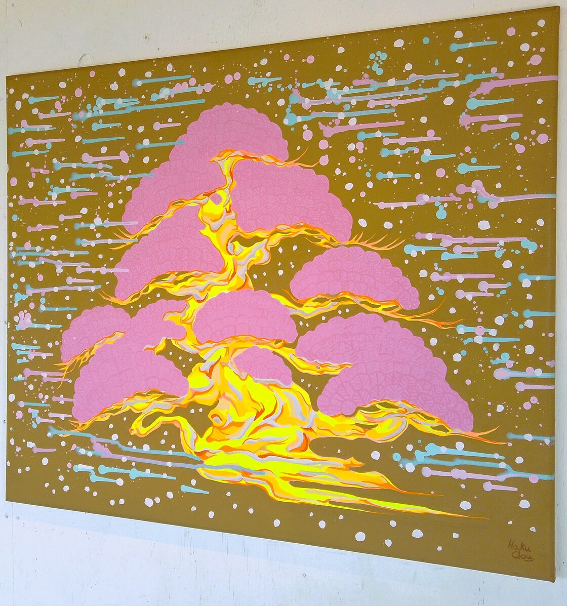現代水墨画家 絵師白道 「Flying Bonsai （Pink）」直筆作品 証明書 