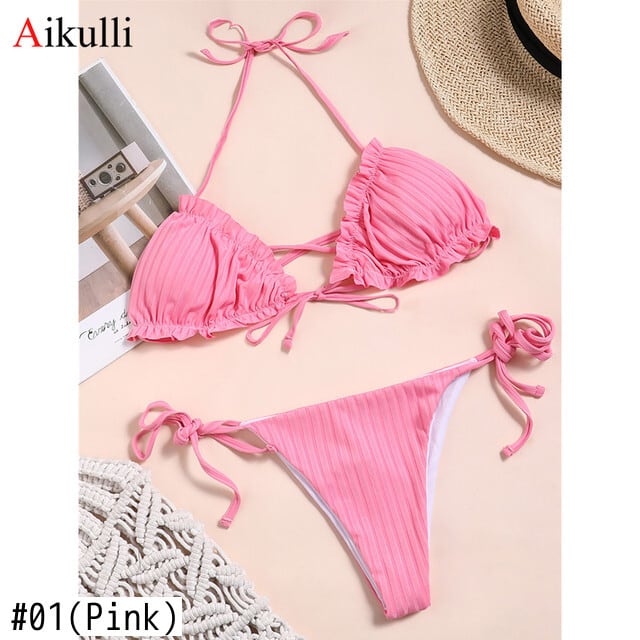 送料無料 セクシーなマイクロビキニピンクの水着女性トライアングル