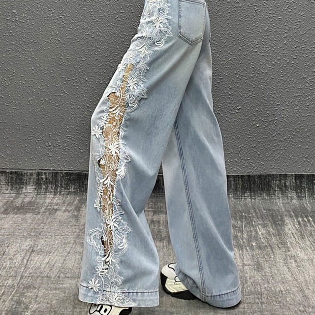 フラワーレースワイドデニムパンツ A88
