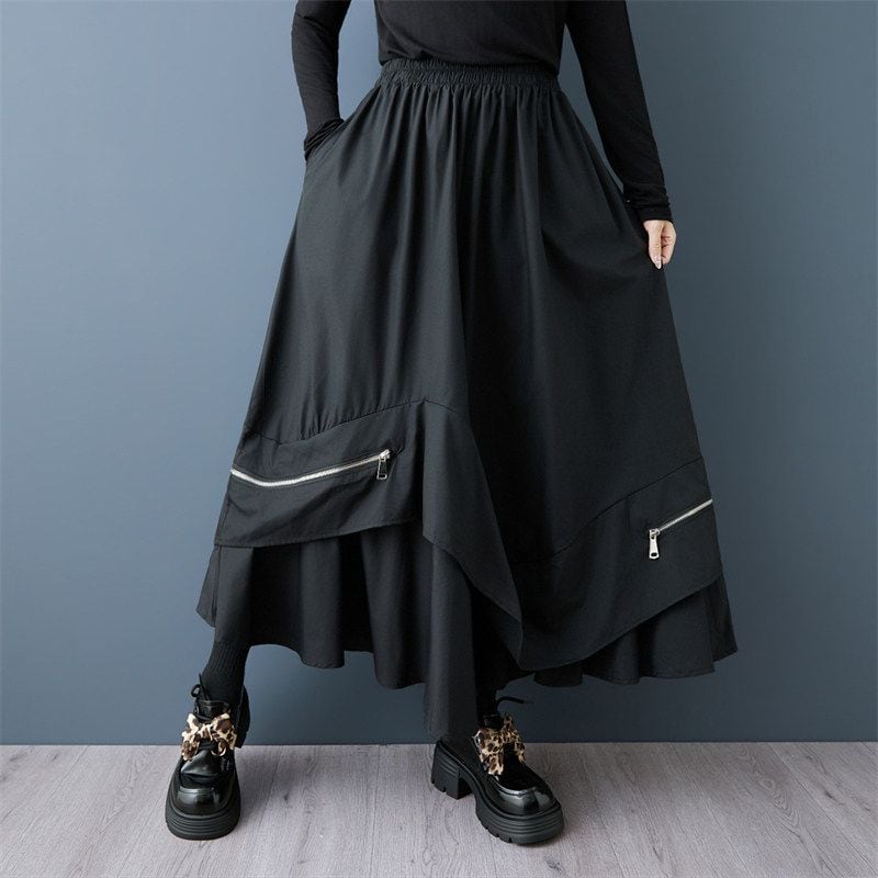 ZIPPERED ELASTIC WAIST BALLOON MIDI SKIRT M-18470