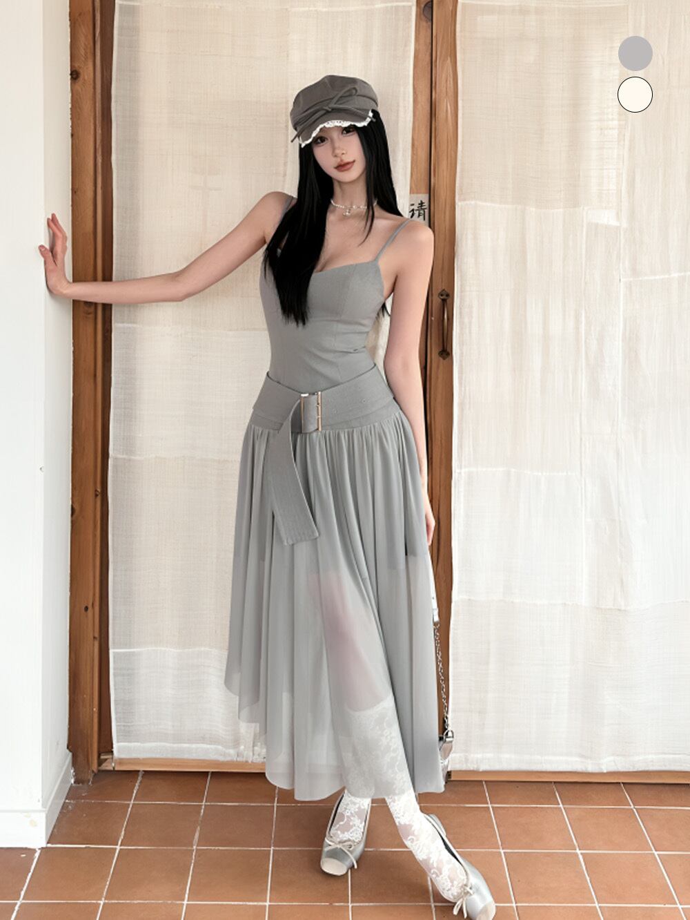 コットンベルテッドロングキャミソールワンピース