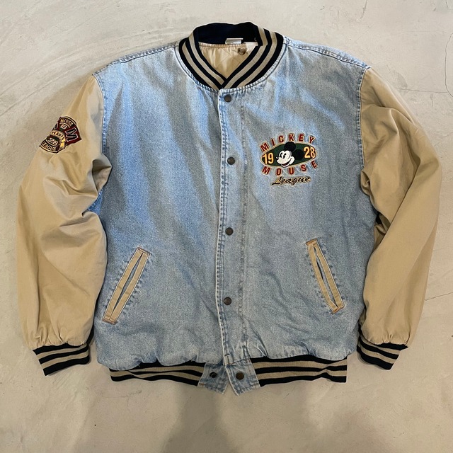 Disney ディズニー ミッキーマウス 刺繍 ワッペン デニムスタジャン キャラクター メンズXL相当 古着 リブライン キルティングライナー ベージュ MICKEY MOUSE【デニムジャケット】