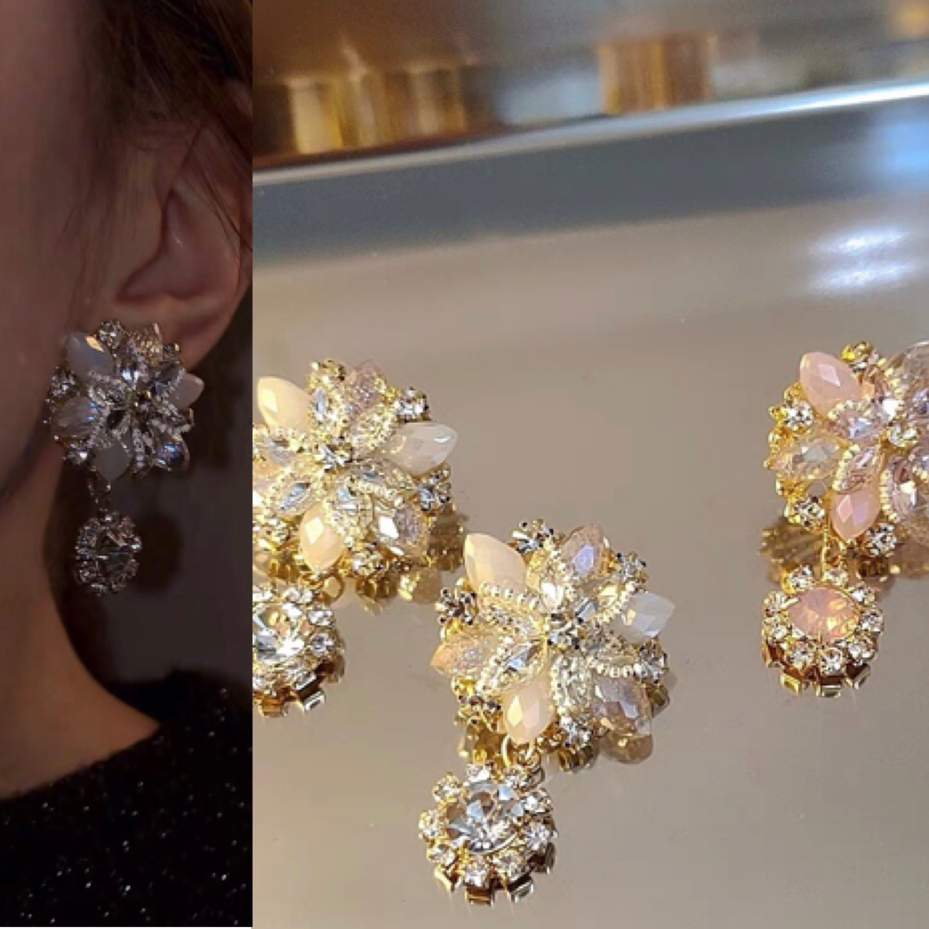 2カラー 】フラワー ラインストーン ビジュー キラキラ 花 ピアス 