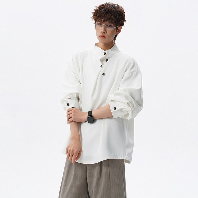 ♥不規則ボタンシャツ！【CEXUシリーズ】★チャイナ風トップス★ ユニセックス 3color シャツ 長袖シャツ 大きいサイズ