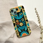 受注生産 iPhoneケース 青い猫と花のサイケ民芸柄｜猫モチーフ PSYF016C