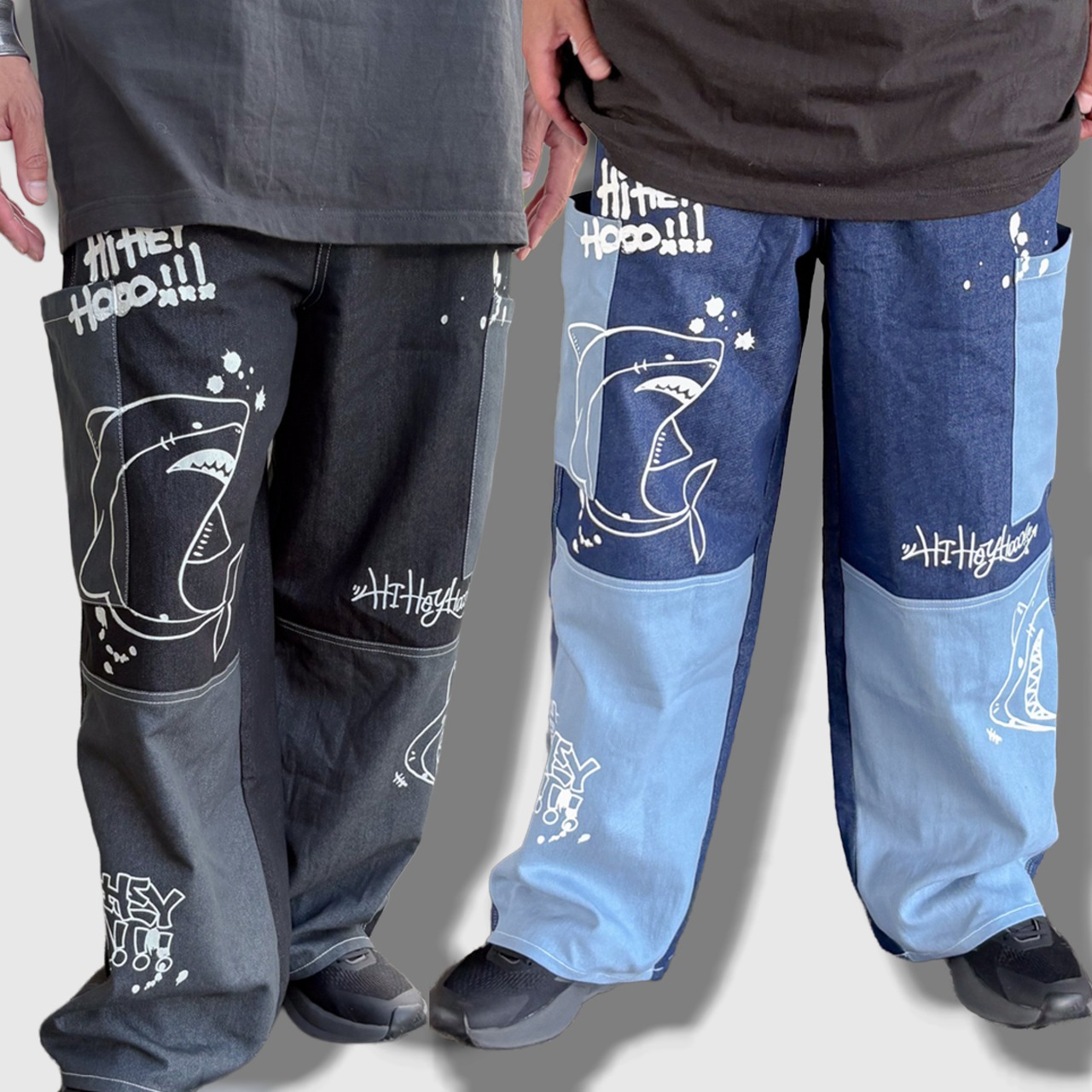 大人気につき限定再入荷！【送料無料】サメ ペイント 配色 デニム ゆるだぼ カーゴパンツ - 1