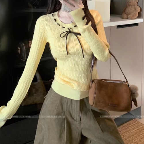 3色／ステッチリボンネックニット ・74829