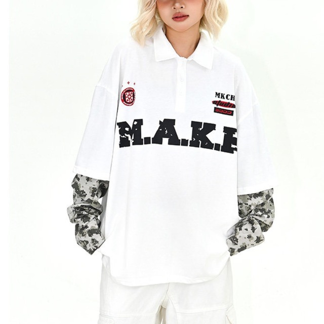 camouflage sleeve fake two-piece polo long tee　迷彩スリーブフェイクツーピースポロロングティー　J1780
