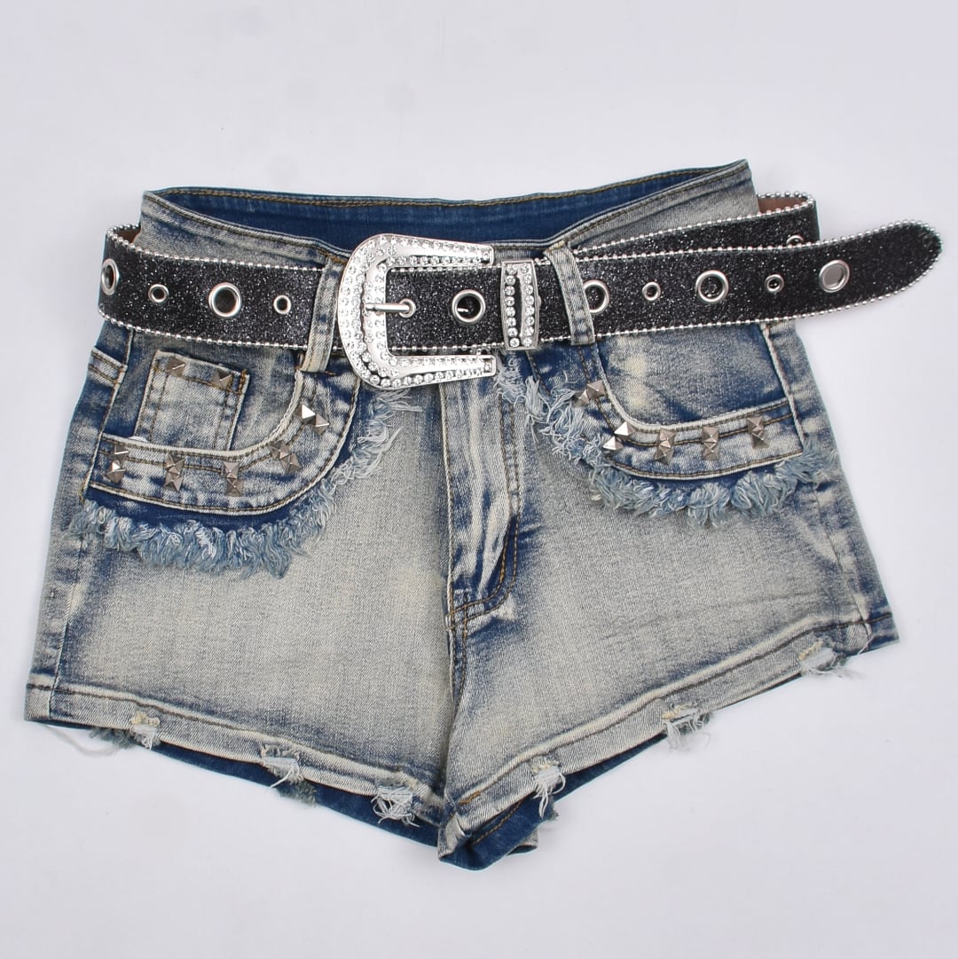 12/2新着】2点セット☆ベルト付きスタッズデニムショートパンツ