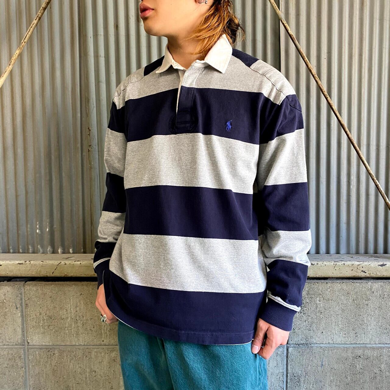 ポロバイラルフローレン ボーダー 長袖 ラガーシャツ メンズl 古着 Polo By Ralph Lauren グリーン ネイビー 緑 紺色 ポロシャツ ラガーシャツ Cave 古着屋 公式 古着通販サイト Powered By Base 古着 ラルフローレン Polo ラガーシャツ ボーダー パープル カーキ