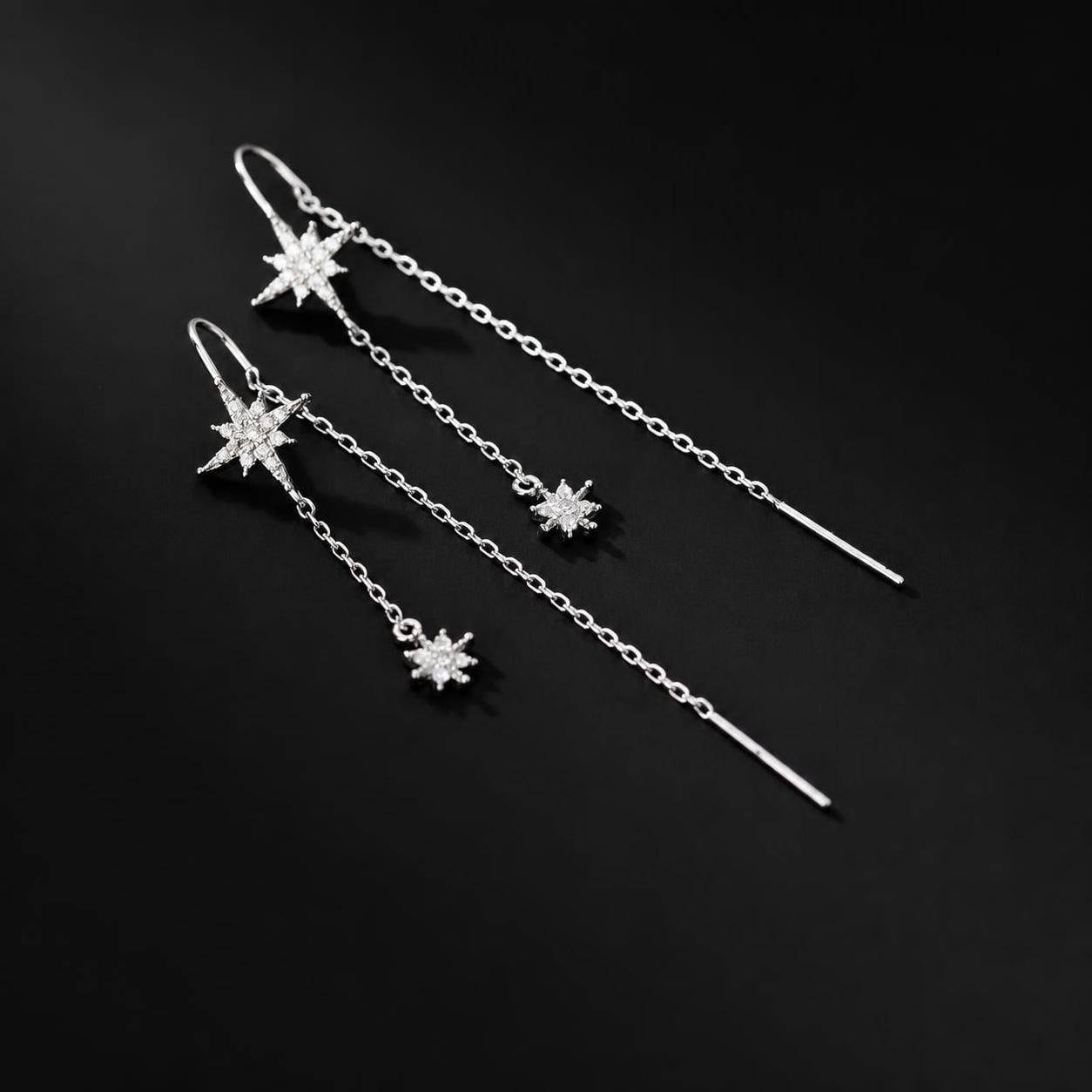 S925シルバー スターイヤーカーブ レディース 八芒星モチーフ ビジュー付き ロングタッセルチェーン シルバー 揺れるピアス 上品 パーティー プレゼント