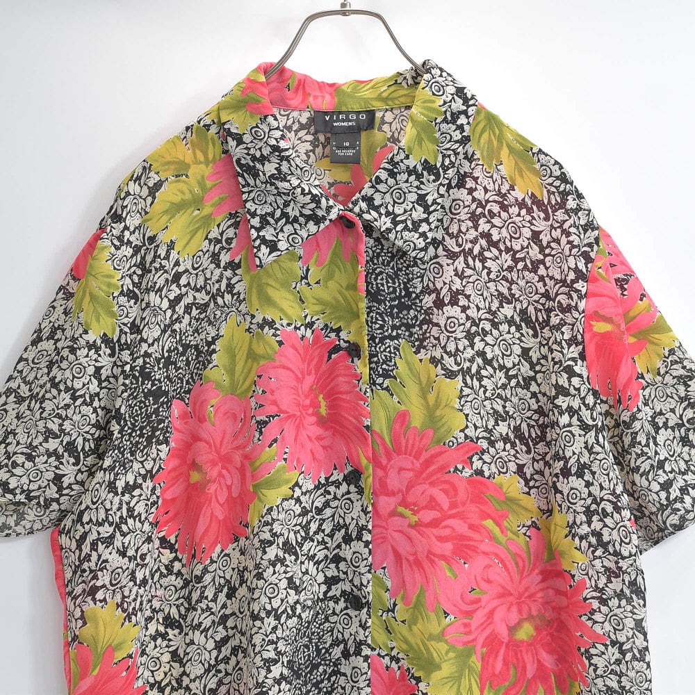 VIRGO WOMENS 花柄 シースルー 半袖シャツ ブラックピンク ボタニカル 総柄 USED ヴィンテージ ビンテージ 古着 レディース XL~サイズ相当
