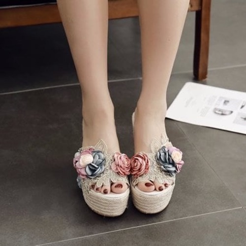 サンダル レディース 花モチーフ 厚底 レース 花柄 花サンダル オープントゥ つっかけ 大人可愛い フェミニン こなれ感 きれいめ 12cm 普段使い リゾート ビーチ
