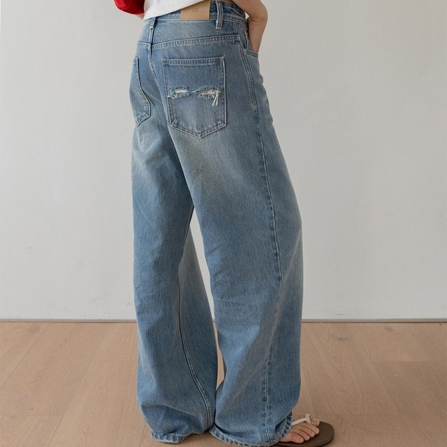 ダメージポケットウォッシュドデニムパンツ 2color [am03711]