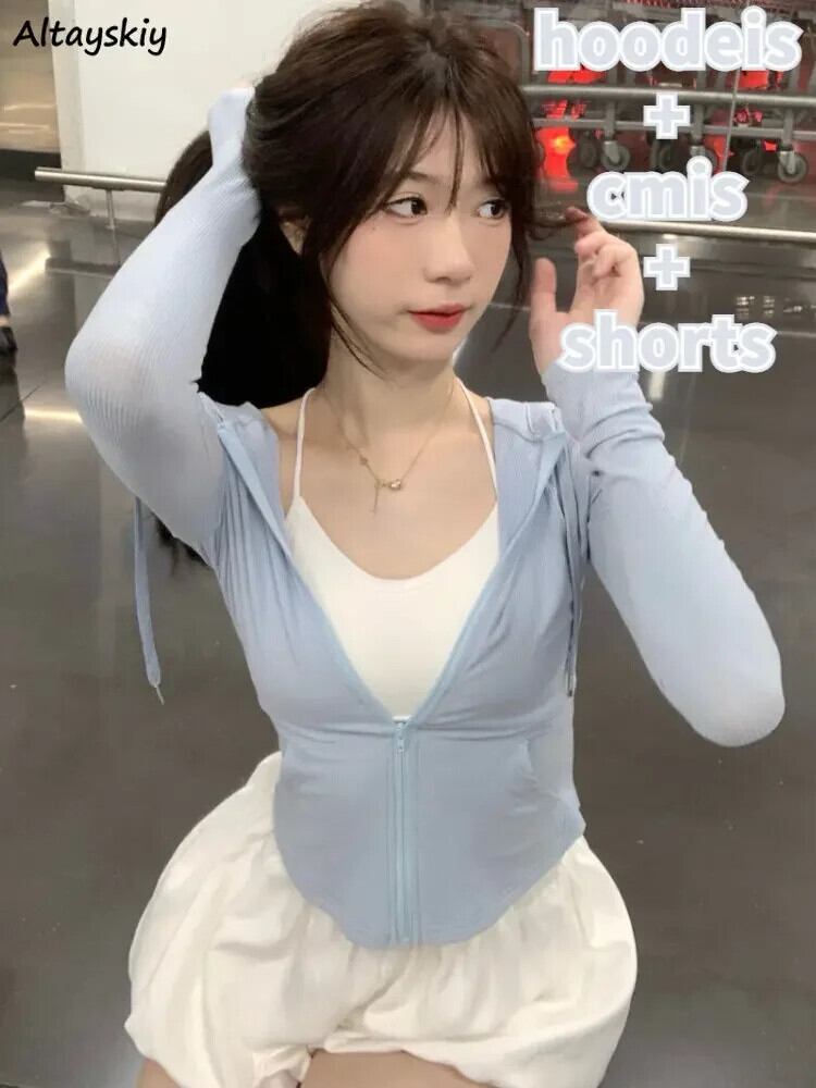 【新作】【送料無料】 3 個セット女性長袖パーカー作物キャミソール固体ショーツ春韓国カジュアルホットスウィートカレッジファッションオールマッチストリート 0379047804926