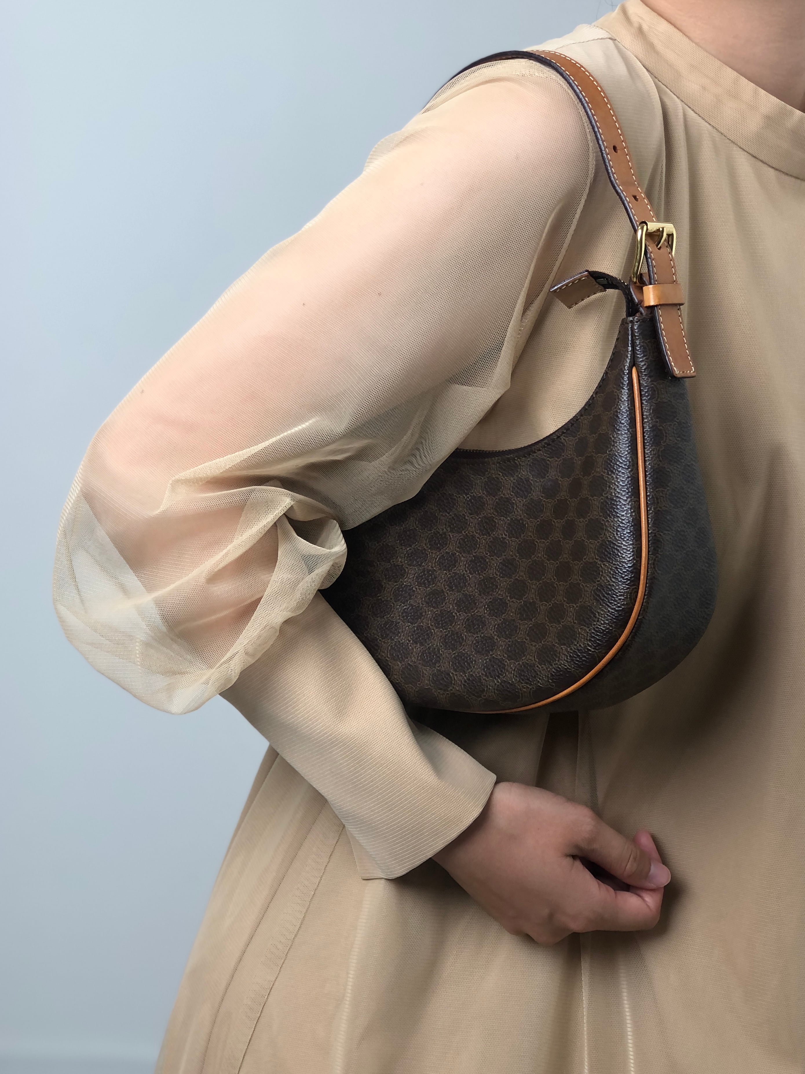 CELINE セリーヌ マカダム ショルダーバッグ ブラウン PVC レザー