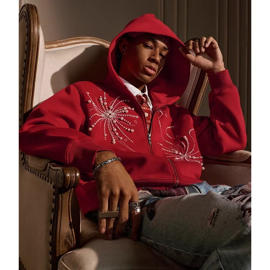 DRIP6834】YAD CREW Fireworks Pearl Embroidered Zip Hoodie | DRIP