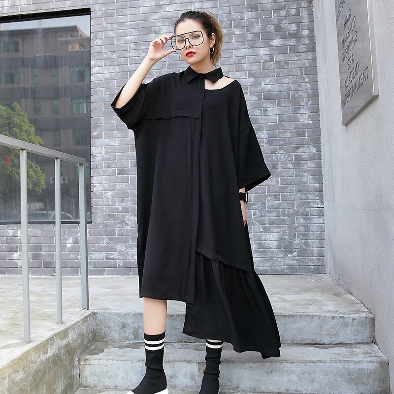 ドレス2020新しい早春ルーズラージサイズファットmm気質ブラックaライン不規則な夏スリムロングスカート ラブタオタオダレンハウス30012406975