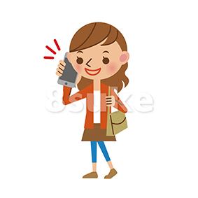 イラスト素材:スマートフォンで通話する若い女性(ベクター・JPG)