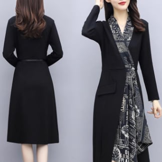 スカーフカラープリント スカート ワンピース デート ミモレ ミモレ丈 不規則丈 袖あり 長袖 Vネック 襟付き Aライン 切り替えデザイン ハイウエスト 薄手 きれいめ カジュアル 大人 上品 おしゃれ お洒落 かっこいい レトロ こなれ感 クール セクシー エレガント 存在感 抜け感 柄 春 秋 30代 40代 レディース 女性用 OL デート お出かけ パーティー イベント レストラン ファッション コーデ スタイル モテ 体系カバー サイズ M L XL 2XL 3XL サイズ 黒 ブラック