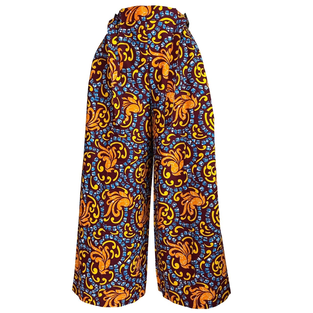 ワイドパンツ＆ポーチorポシェット:アフリカ布 ワイドパンツ ブルー\u0026オレンジ（日本縫製）｜アフリカンプリント