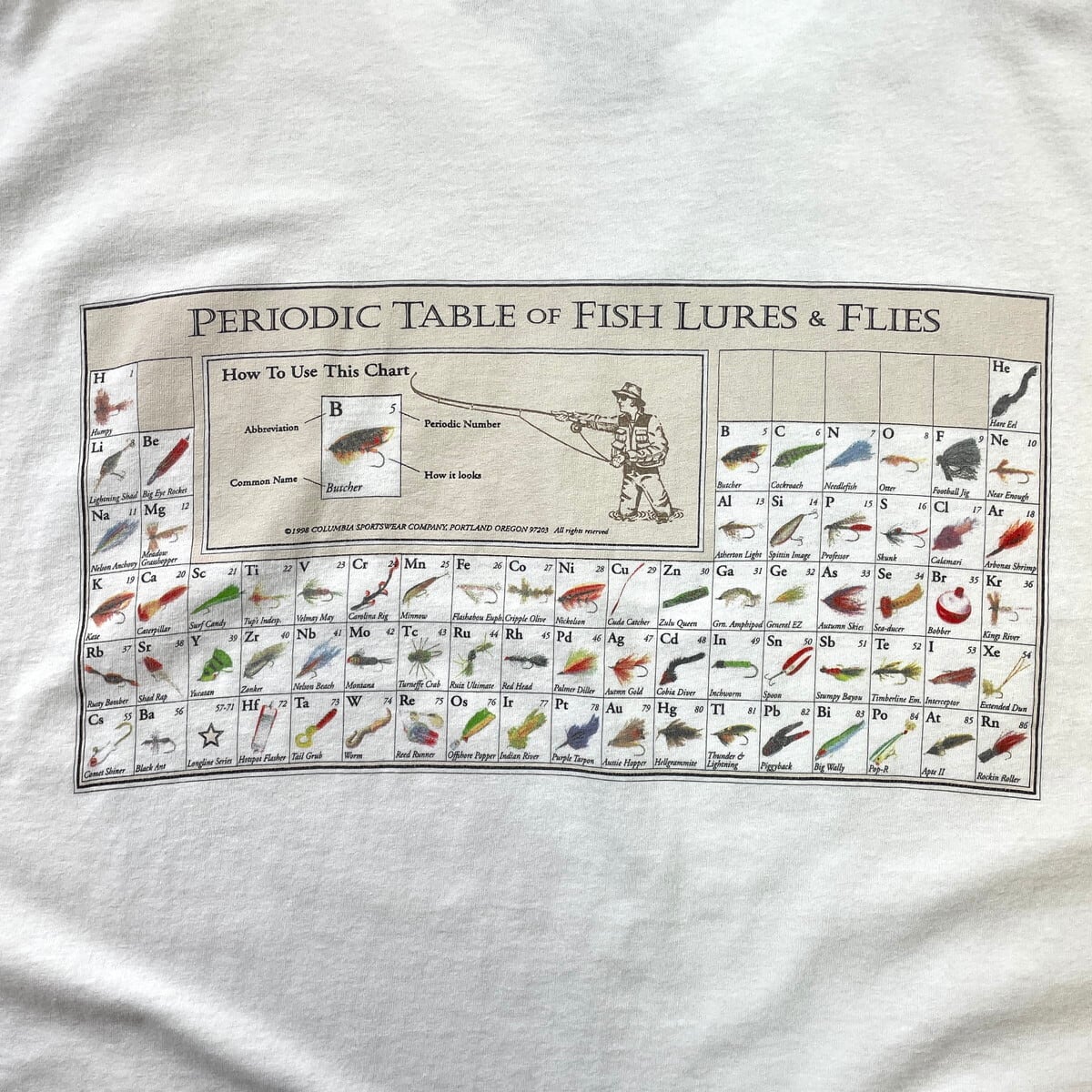 90年代 Columbia コロンビア フライフィッシング 毛針 プリントTシャツ