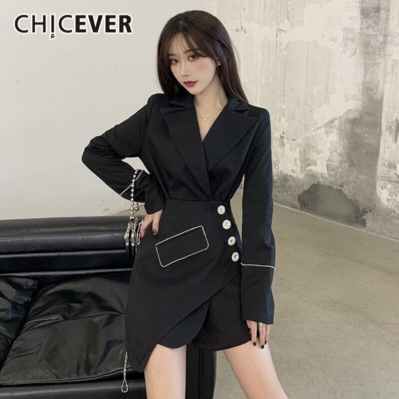 CHICEVERスリムツーピースセットレディースノッチ付き長袖ブレザー不規則なパッチワークガードルセット2020 ロング 6base53960298025