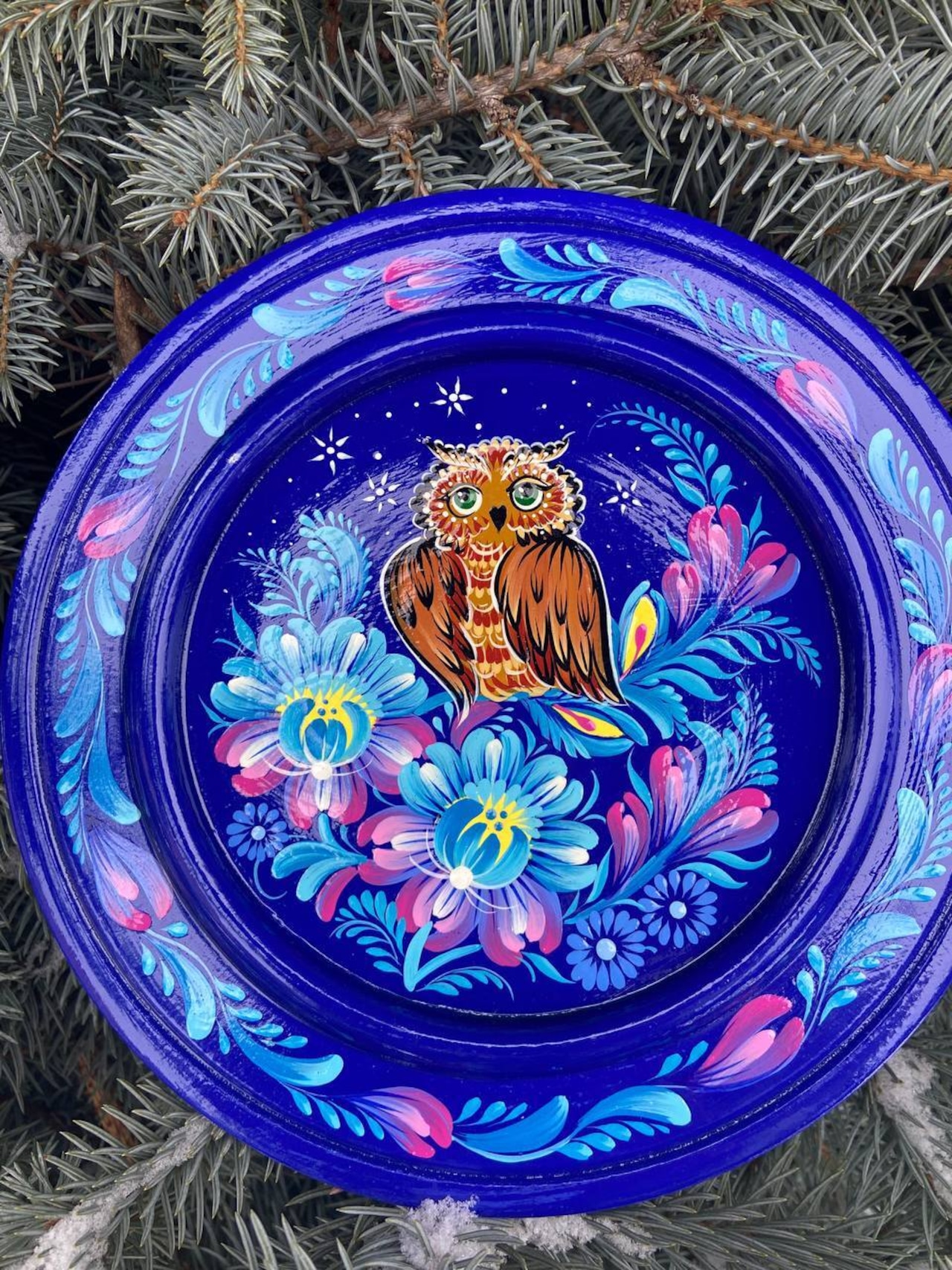 ペトリキウカ塗りのプレート 梟（ティモシェンコ作）20cm - 4