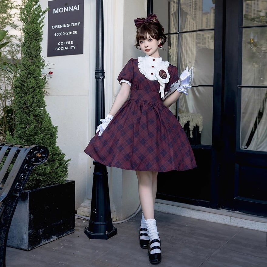 SEASONZ クラロリ ワンピ 半袖 チェック柄 控えめ レトロ ゆめかわ