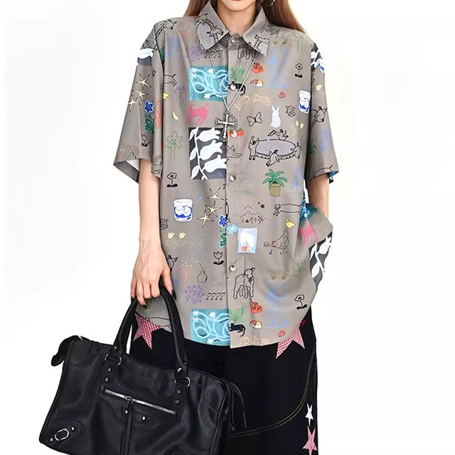 ドローイングアート総柄ショートスリーブシャツ 2col   R02120
