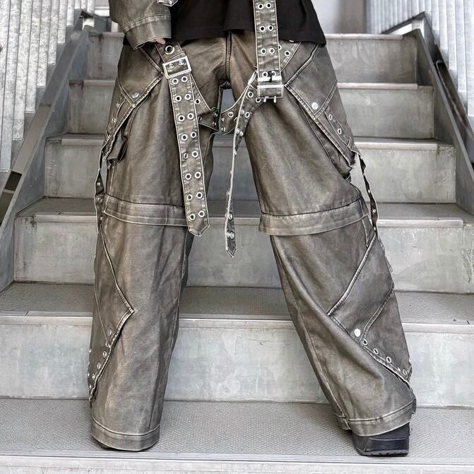 【Backstage pass】CHRIS C(クリス C)2WAY ベルト レザータッチ/デニム ワイドカーゴパンツ【セットアップ対応可】 GBS4201 パンツ ユニセックス サブカル 地雷系