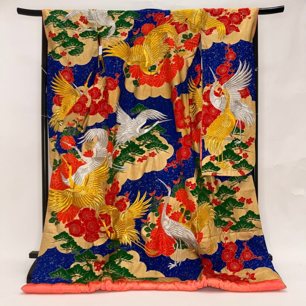 色打掛 正絹 鶴 刺繍 青 打掛 花嫁衣裳 ポリエステル リサイクル 中古 ブライダル ウエディング 着物 6643