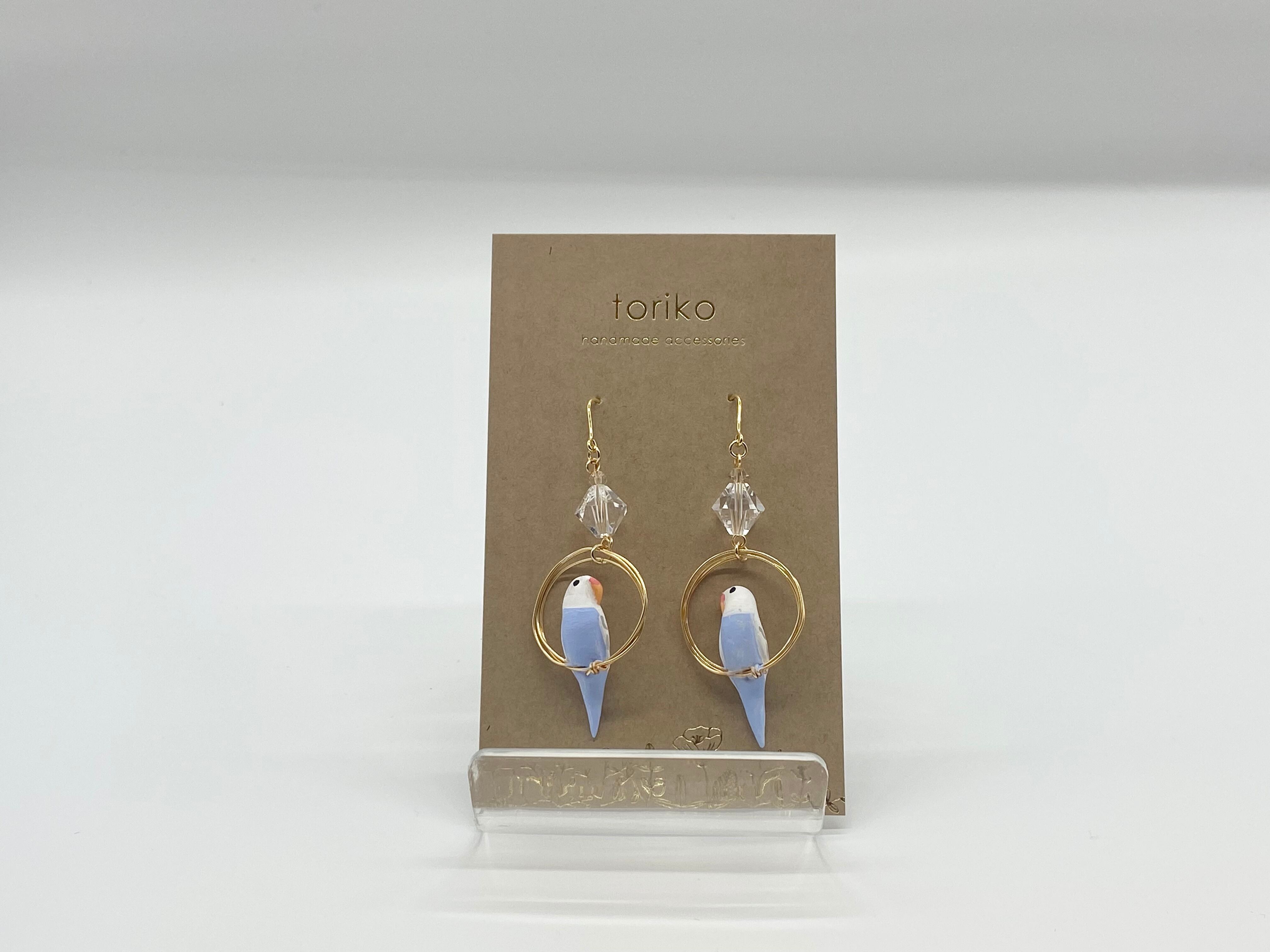 セキセイインコウィング(ラベンダー)クリスタル付ピアス・イヤリング