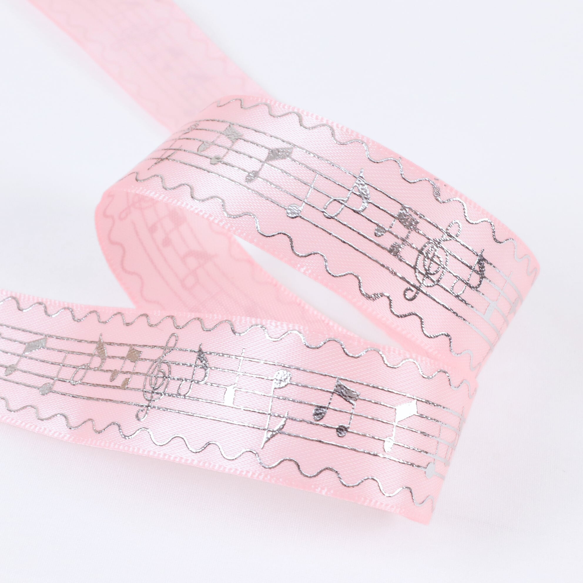 音符 五線譜 柄 シルバー サテン リボン 幅約25mm 布 プリント